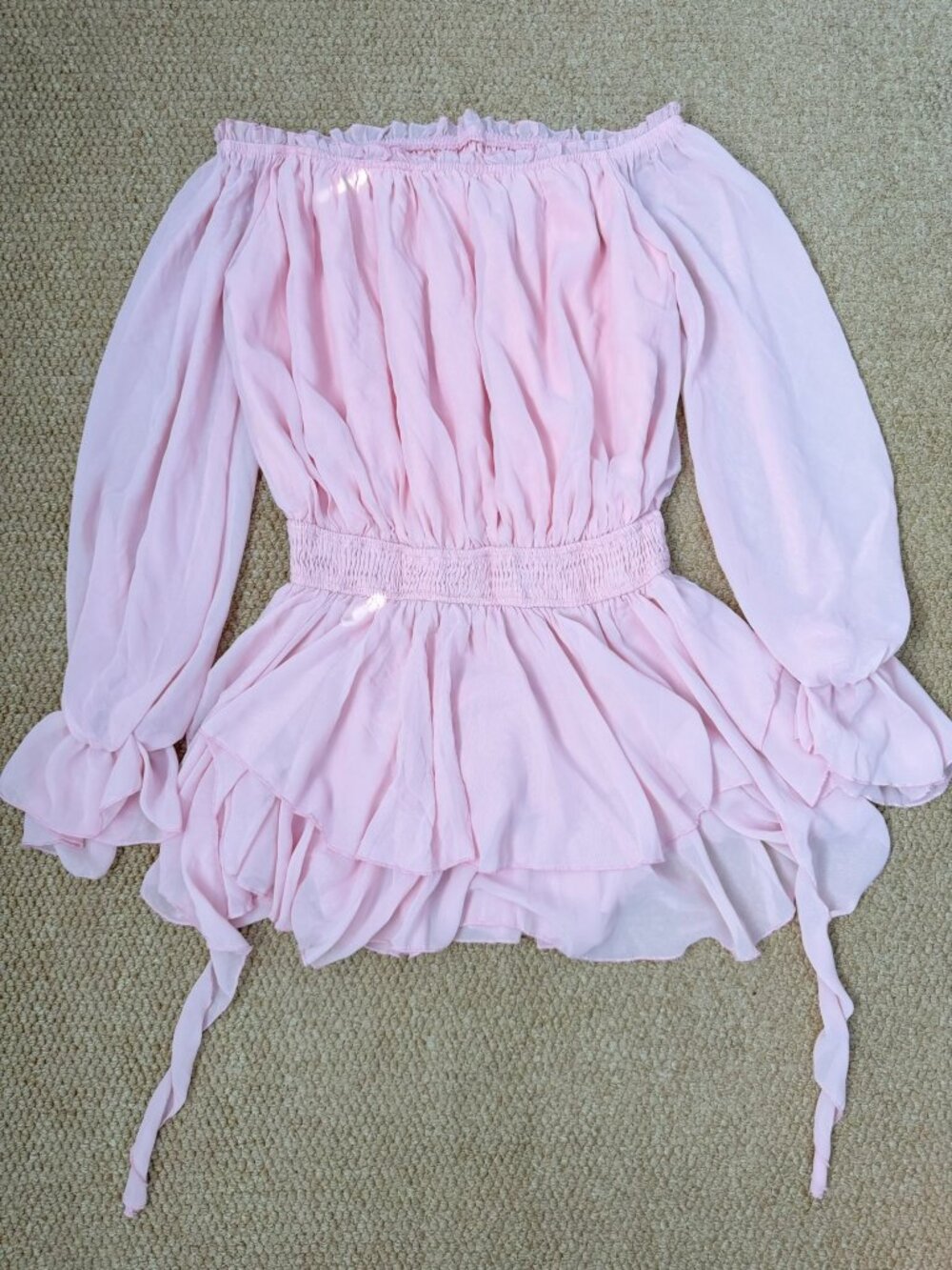 Pink Off Shoulder Chiffon Ruffle Romper Layered Mini Dress M - Picture 6 of 8